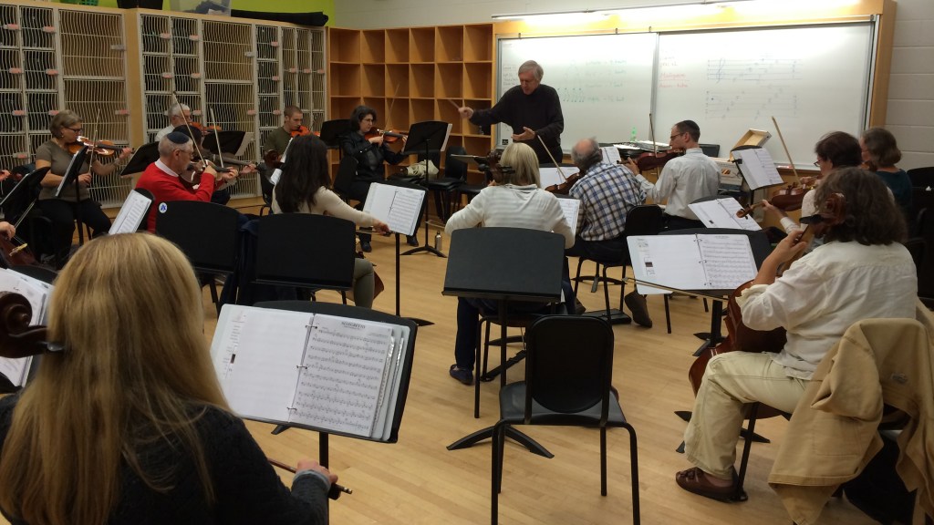 Strings Attached Orchestra rehearsing in a classroom, seen from behind a violinist