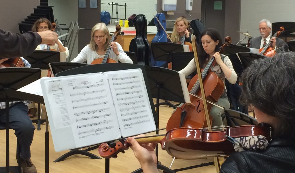 A violinist and violist reading from their music during rehearsal