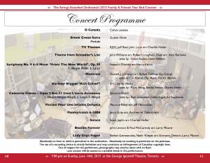 Concert programme listing for the Strings Attached Orchestra 2015 Family and Friends Year End Concert