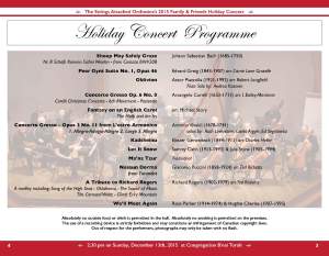 Concert programme listing for the Strings Attached Orchestra 2015 Family and Friends Holiday Concert