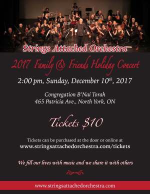 Poster for the Strings Attached Orchestra 2017 Family and Friends Holiday Concert, December 10, 2017, Congregation B’nai Torah