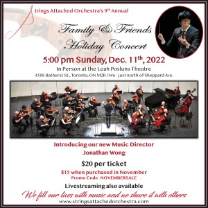 Poster for the Strings Attached Orchestra 9th Annual Family and Friends Holiday Concert, December 11, 2022
