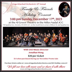 Poster for the Strings Attached Orchestra 10th Annual Family and Friends Holiday Concert, December 17, 2023