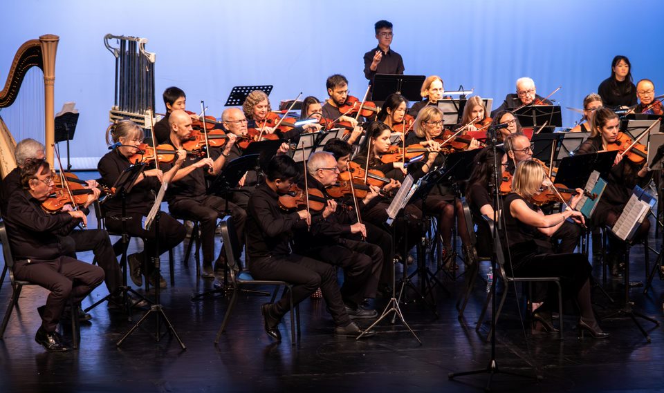 Violin sections of Strings Attached Orchestra playing on stage, with the harp at the left