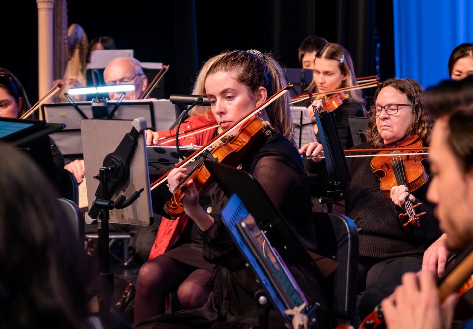 Close-up of violinists playing in concert under warm stage lights