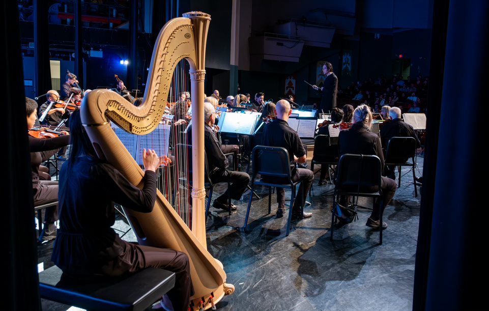 A concert harp in the foreground with the orchestra performing on stage behind it