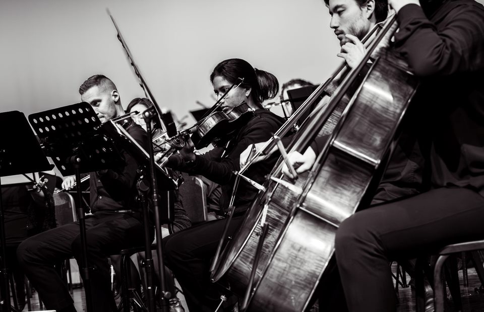 Black-and-white photo of cellists and a double bass player performing