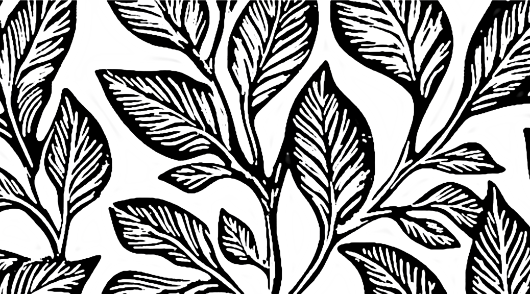 An illustration of leaves in black and white, high contrast. Image touching the cover of a book, where the cover is embossed with pressed leaves.