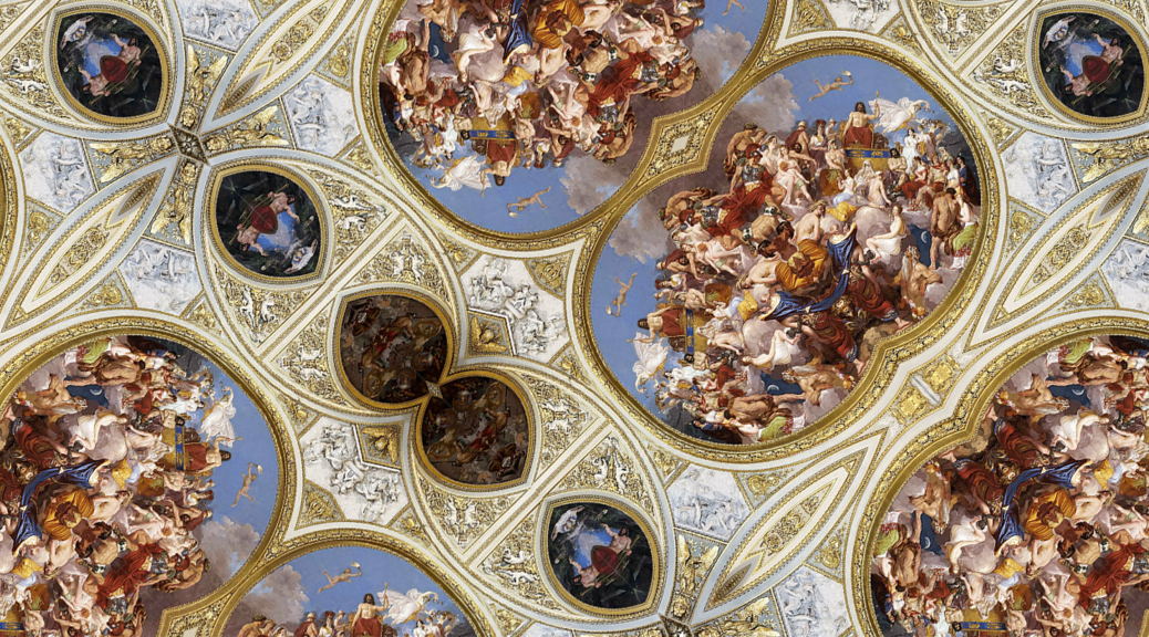 Kaleidoscope of a gilded, ornate ceiling.