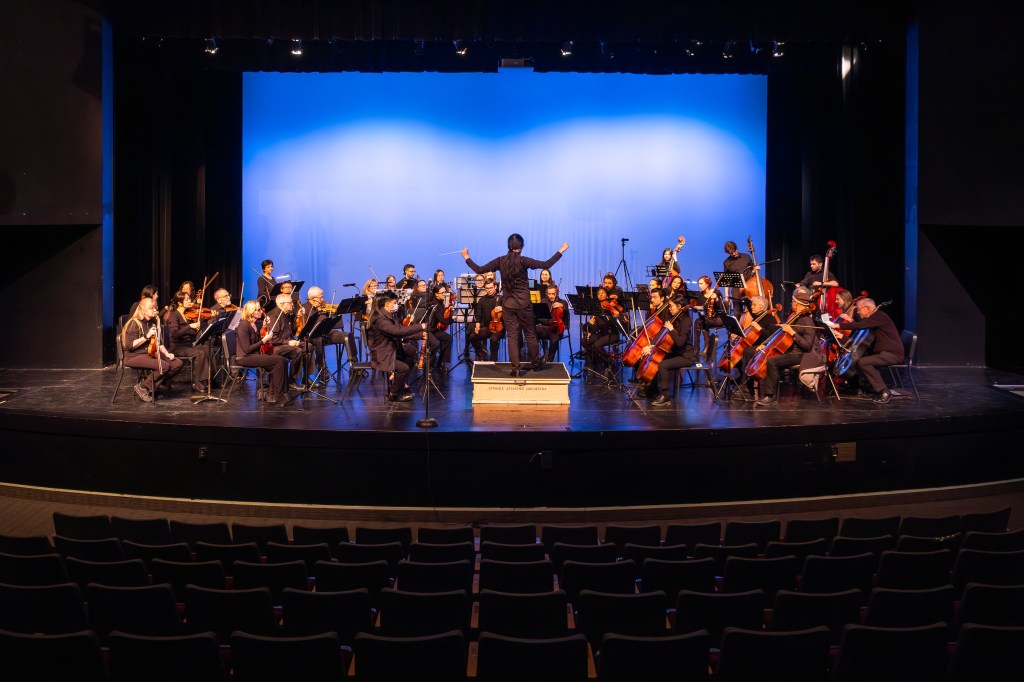 The full orchestra on stage before a blue backdrop, seen from the hall