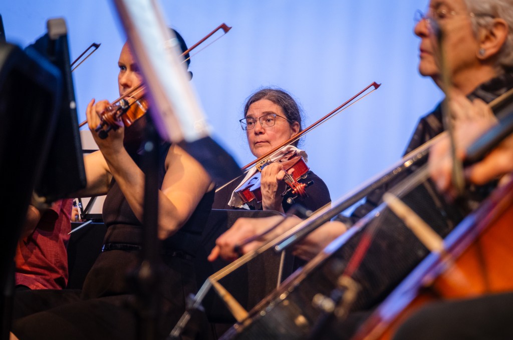Violin and viola players playing on stage