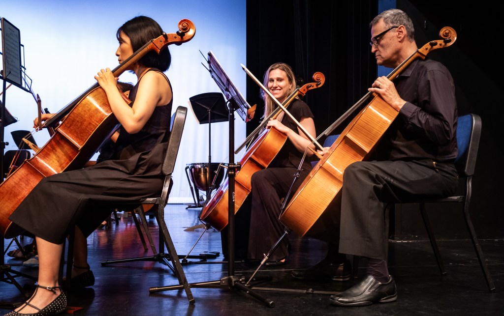 Cellists playing on stage
