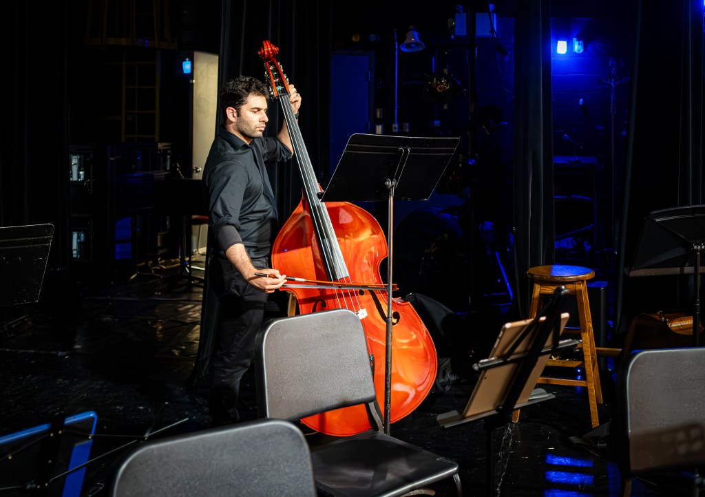 A double bass player playing on stage