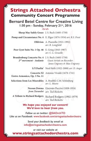 Cover of the programme for the community concert at the Bernard Betel Centre for Creative Living, February 21, 2016