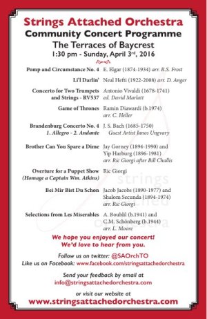 Cover of the programme for the community concert at The Terraces of Baycrest, April 3, 2016
