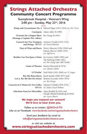 Cover of the programme for the community concert at Sunnybrook Hospital Veterans’ Wing, May 22, 2016