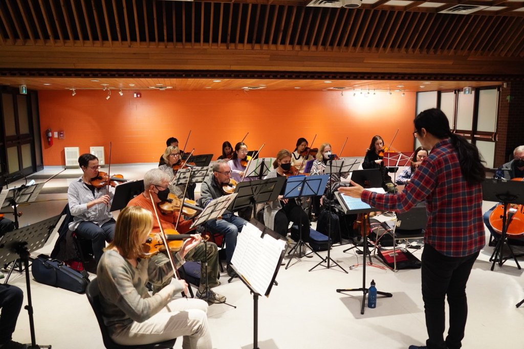 The conductor working with the orchestra in rehearsal