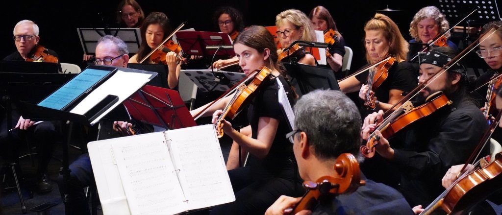 Violin and viola players on stage