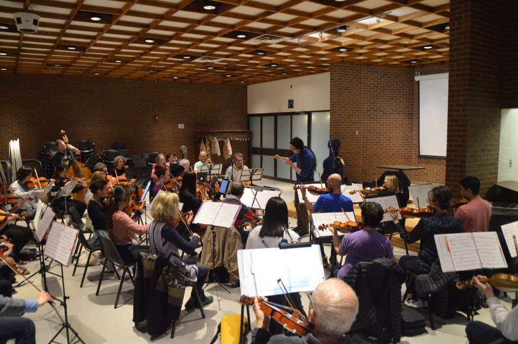 The orchestra rehearsing, seen from the back of the hall