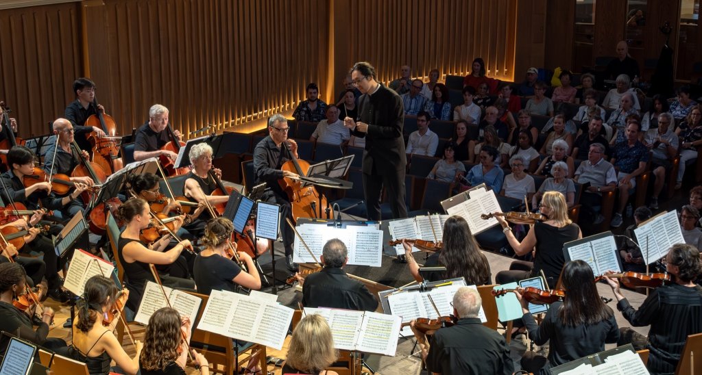 The orchestra performing for a full hall