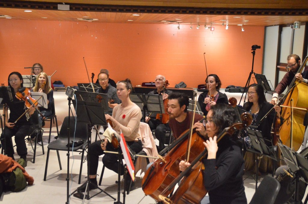 The orchestra rehearsing in the hall