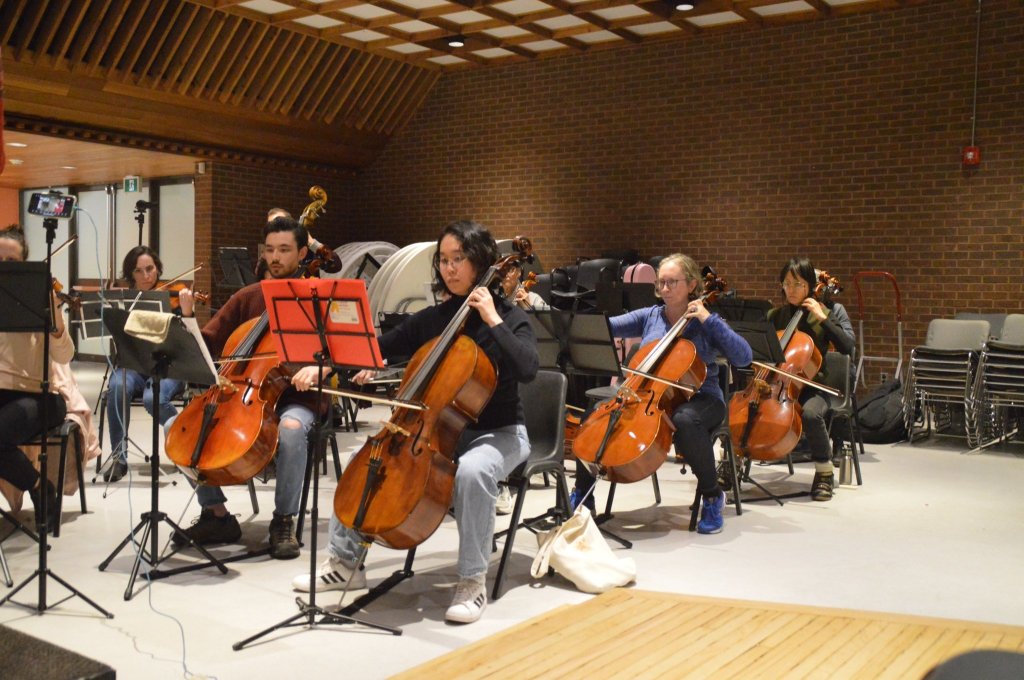 Cellists and violinists rehearsing