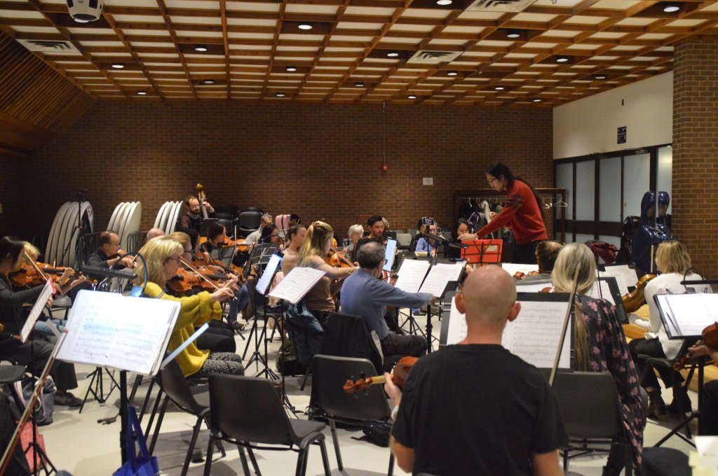 The full orchestra rehearsing, seen from the back