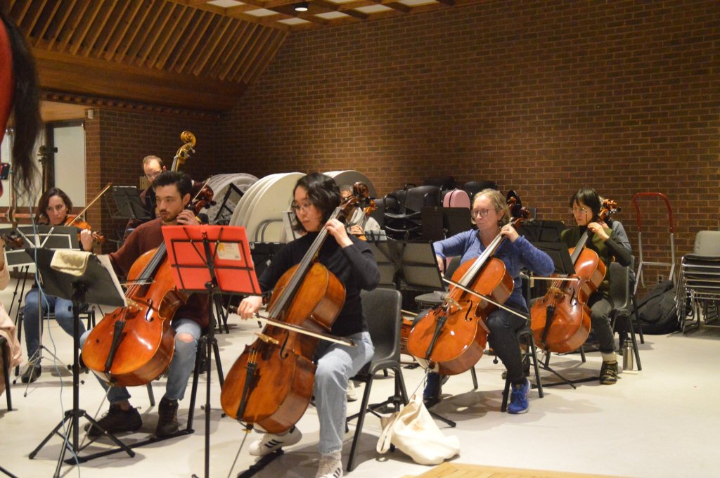 Cellists rehearsing together