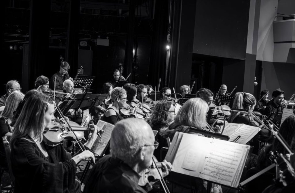 Black-and-white photo of the violins in performance