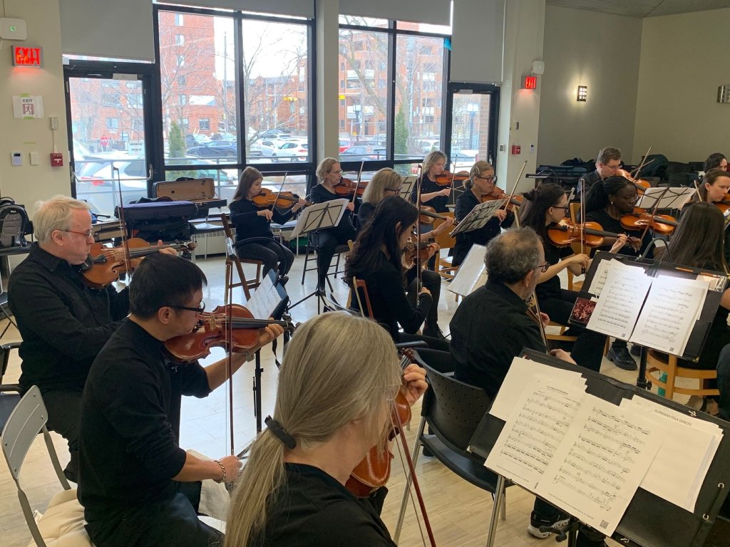 The orchestra performing in the hall at Castleview Wychwood Towers